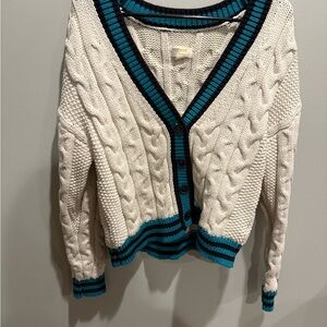 Maeve Ivory and Turquoise Cable Knit Cardigan